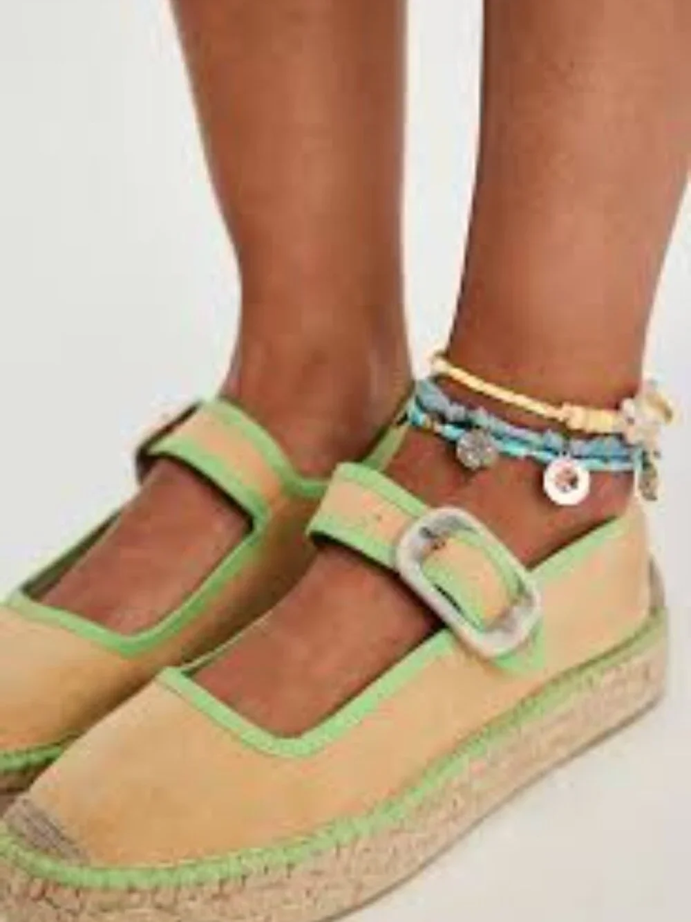 NWOB Free People Surfside Mary Jane Espadrille Flats Tan Beige Lime Size 38